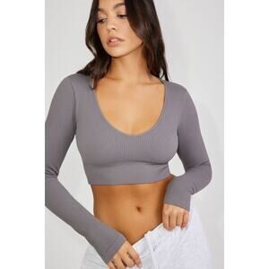 Garage Seamless Deep V Neck Cropped Long Sleeve Ribbed Stretch Top Gray XS